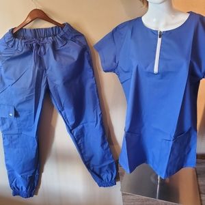 Fashion Unisex Zip Collar, Deep Pockets. Medical Scrub Uniform Set.XL.Royal Blue